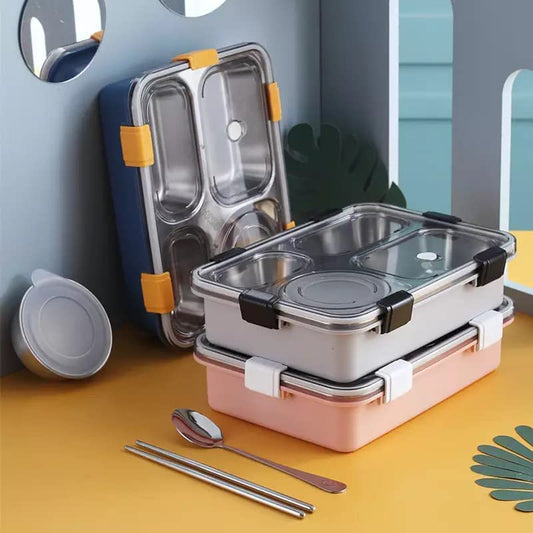 DNkitch 4 - Compartment Stainless Steel Lunch Box for Adults & Kids Ideal for School, Office, Picnic (1000ml)