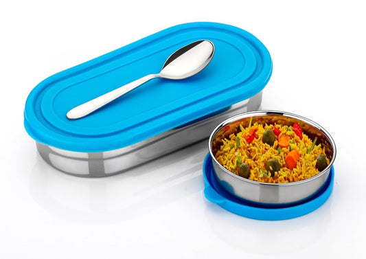 DNkitch 2 Pcs Compact Stainless Steel Tiffin Box for Adults & Kids (Red & Blue)