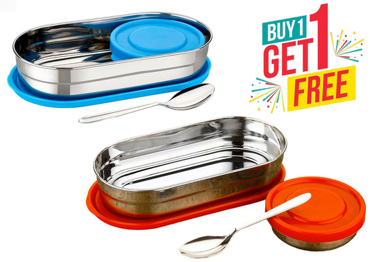 DNkitch 2 Pcs Compact Stainless Steel Tiffin Box for Adults & Kids (Red & Blue)