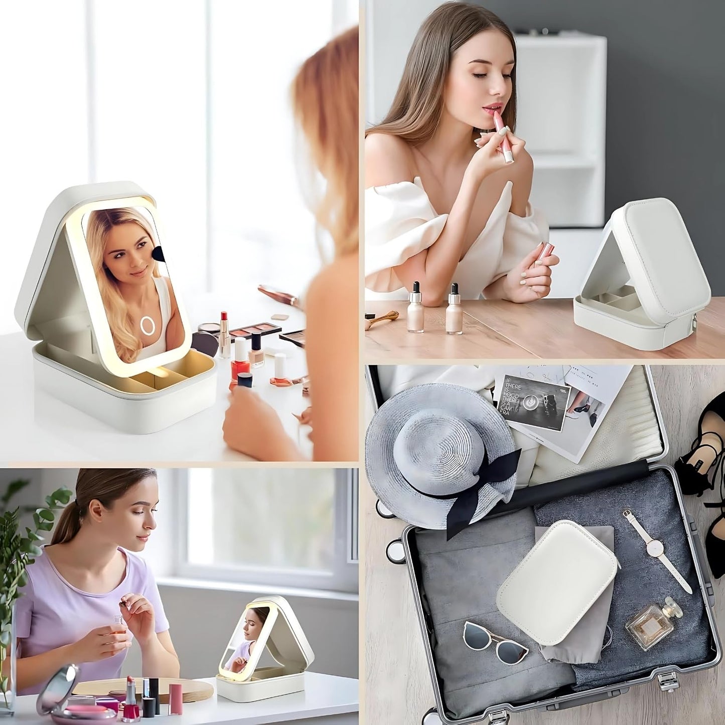 DNkitch LED Travel Makeup Organizer with Lighted Mirror (Pack of 1) β Portable Cosmetic Storage Box with Rechargeable Battery, Touch Dimming & 3 Light Modes β Pink Travel Vanity Case