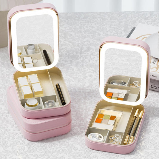 DNkitch LED Travel Makeup Organizer with Lighted Mirror (Pack of 1) – Portable Cosmetic Storage Box with Rechargeable Battery, Touch Dimming & 3 Light Modes – Pink Travel Vanity Case