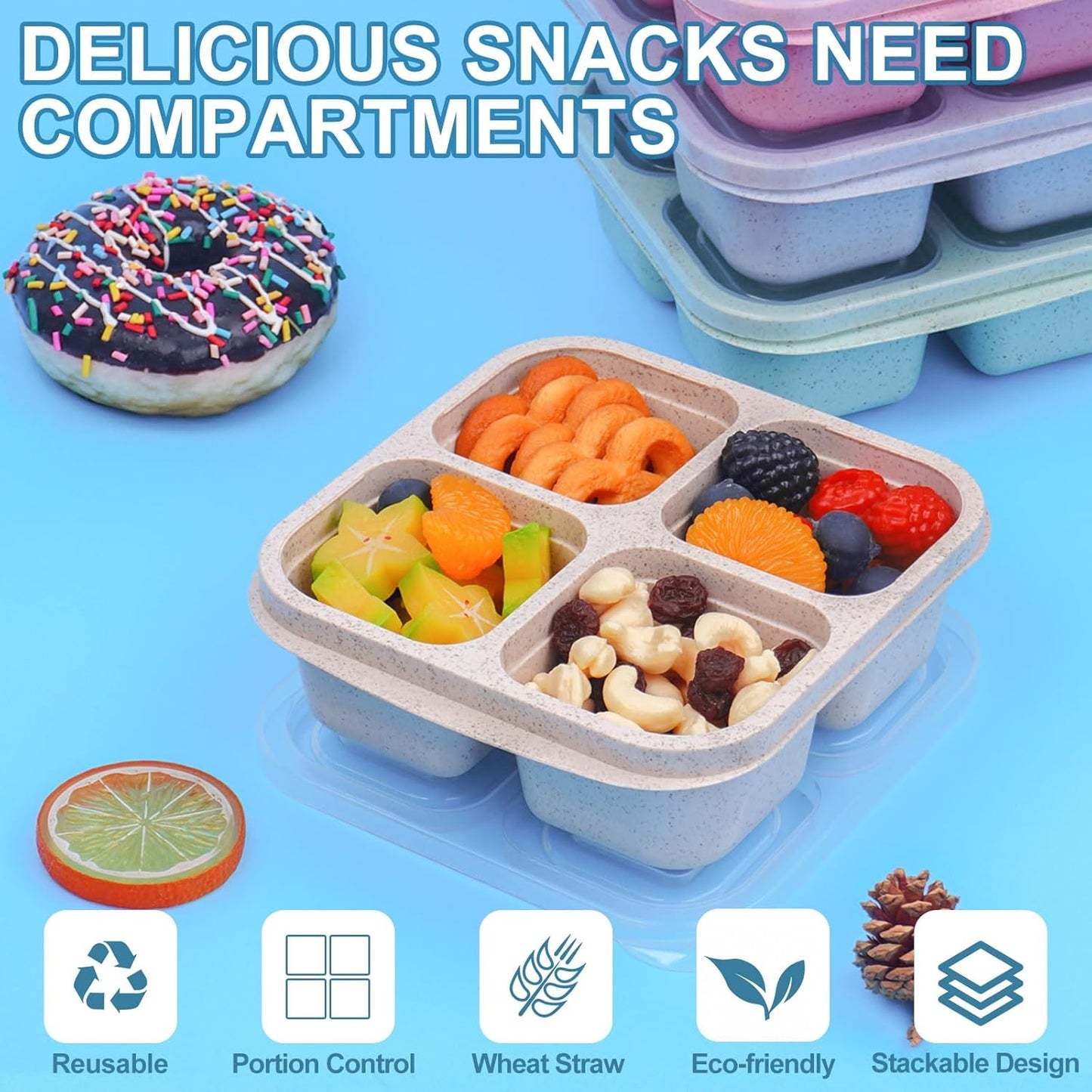 4 Pack Snack Containers, Divided Bento Snack Box,  Kids Adults , 4 Compartments Meal Lunch Containers for School Work Travel