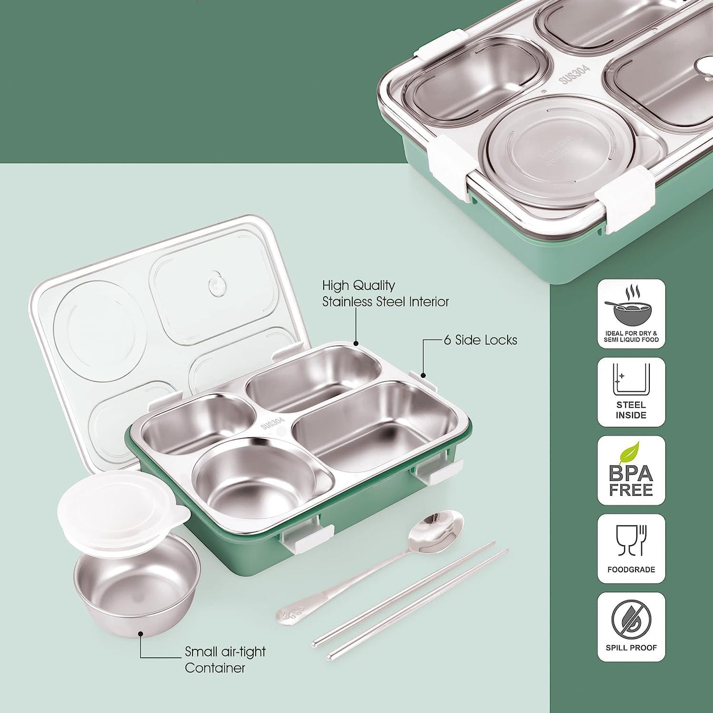 DNkitch 4 - Compartment Stainless Steel Lunch Box for Adults & Kids Ideal for School, Office, Picnic (1000ml)