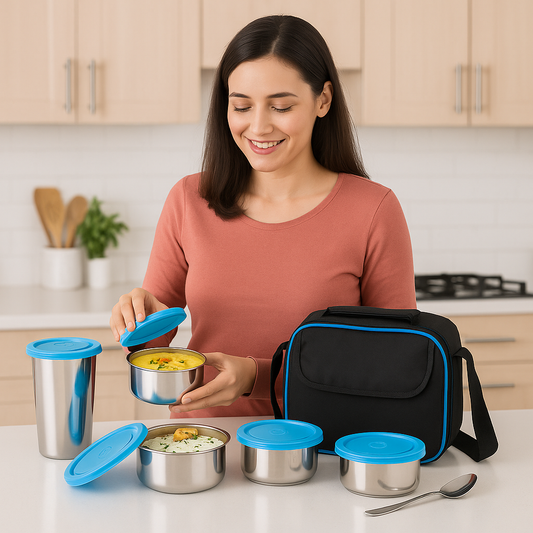 DNkitch Meal Tiffin All-in-One Tiffin Set with Insulated Bag – 3 Round Stainless Steel Containers + 1 Tumbler Leak-Proof, Durable, BPA-Free
