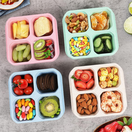 4 Pack Snack Containers, Divided Bento Snack Box,  Kids Adults , 4 Compartments Meal Lunch Containers for School Work Travel
