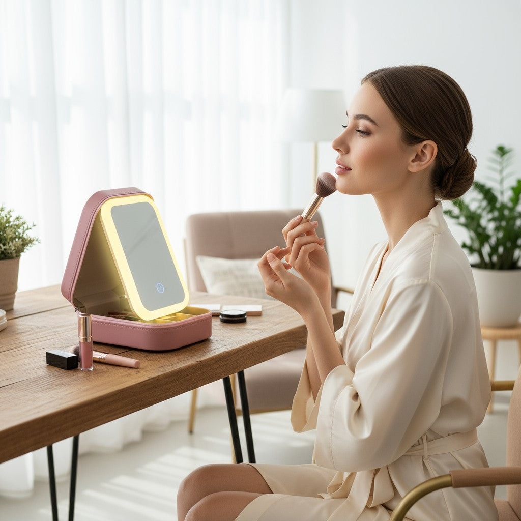 DNkitch LED Travel Makeup Organizer with Lighted Mirror (Pack of 1) β Portable Cosmetic Storage Box with Rechargeable Battery, Touch Dimming & 3 Light Modes β Pink Travel Vanity Case