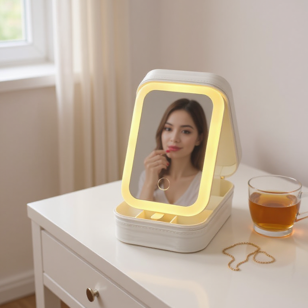 DNkitch LED Travel Makeup Organizer with Lighted Mirror (Pack of 1) β Portable Cosmetic Storage Box with Rechargeable Battery, Touch Dimming & 3 Light Modes β Pink Travel Vanity Case
