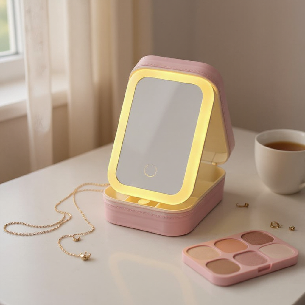 DNkitch LED Travel Makeup Organizer with Lighted Mirror (Pack of 1) β Portable Cosmetic Storage Box with Rechargeable Battery, Touch Dimming & 3 Light Modes β Pink Travel Vanity Case