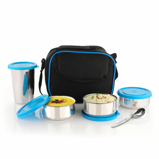 DNkitch Meal Tiffin All-in-One Tiffin Set with Insulated Bag – 3 Round Stainless Steel Containers + 1 Tumbler Leak-Proof, Durable, BPA-Free