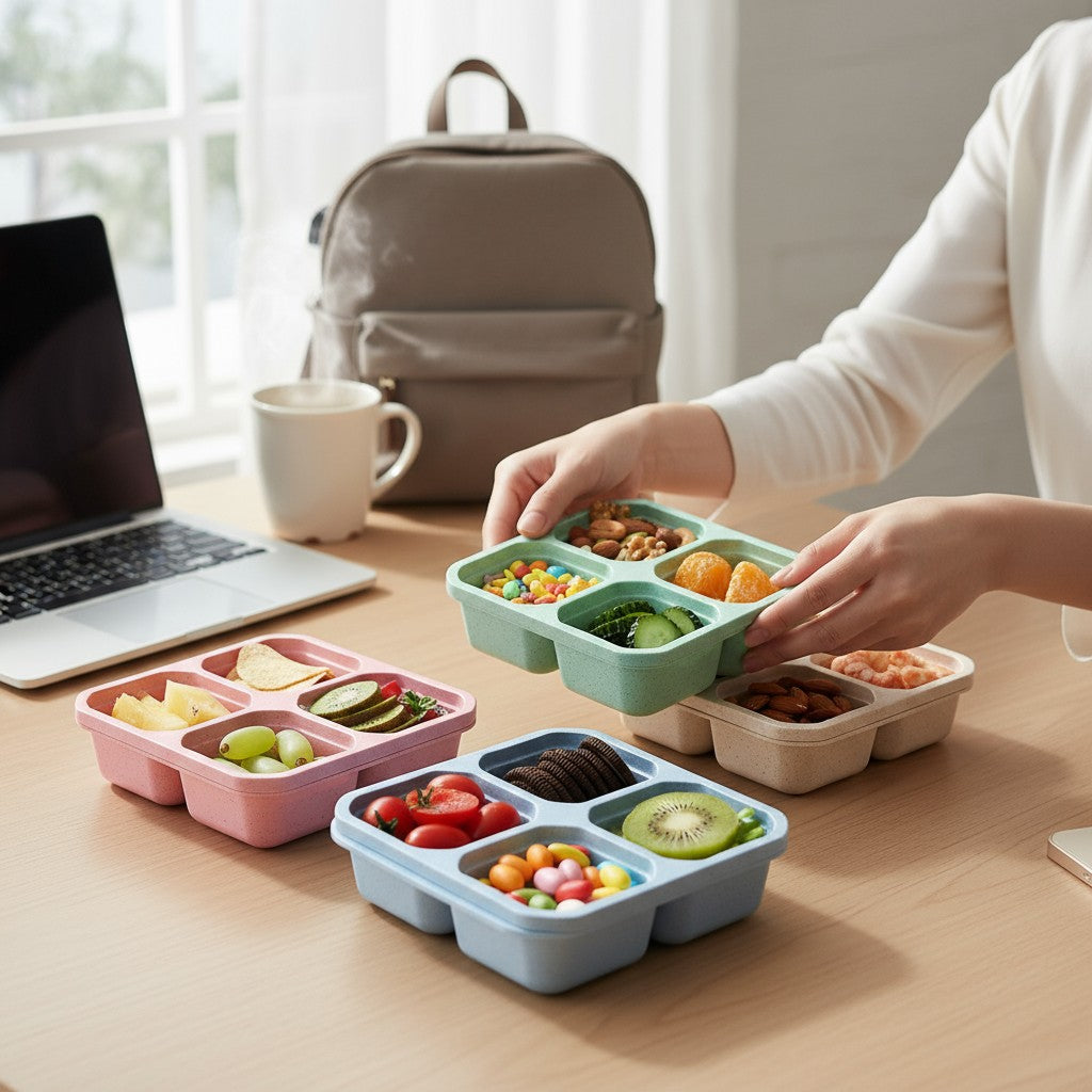 4 Pack Snack Containers, Divided Bento Snack Box,  Kids Adults , 4 Compartments Meal Lunch Containers for School Work Travel