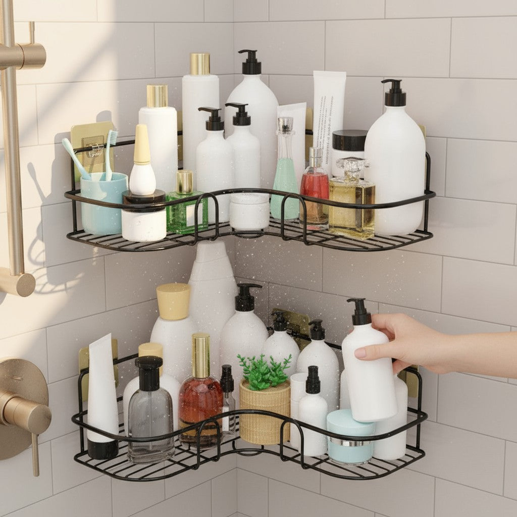DNkitch 2 Pcs Organizer for Bathroom and Kitchen Metal Corner Wall Mounted Rack Shelf Bathroom Accessories Storage Rack (No Drilling-Shelf Adhesive)