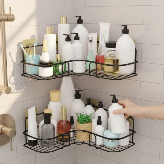 DNkitch 2 Pcs Organizer for Bathroom and Kitchen Metal Corner Wall Mounted Rack Shelf Bathroom Accessories Storage Rack (No Drilling-Shelf Adhesive)