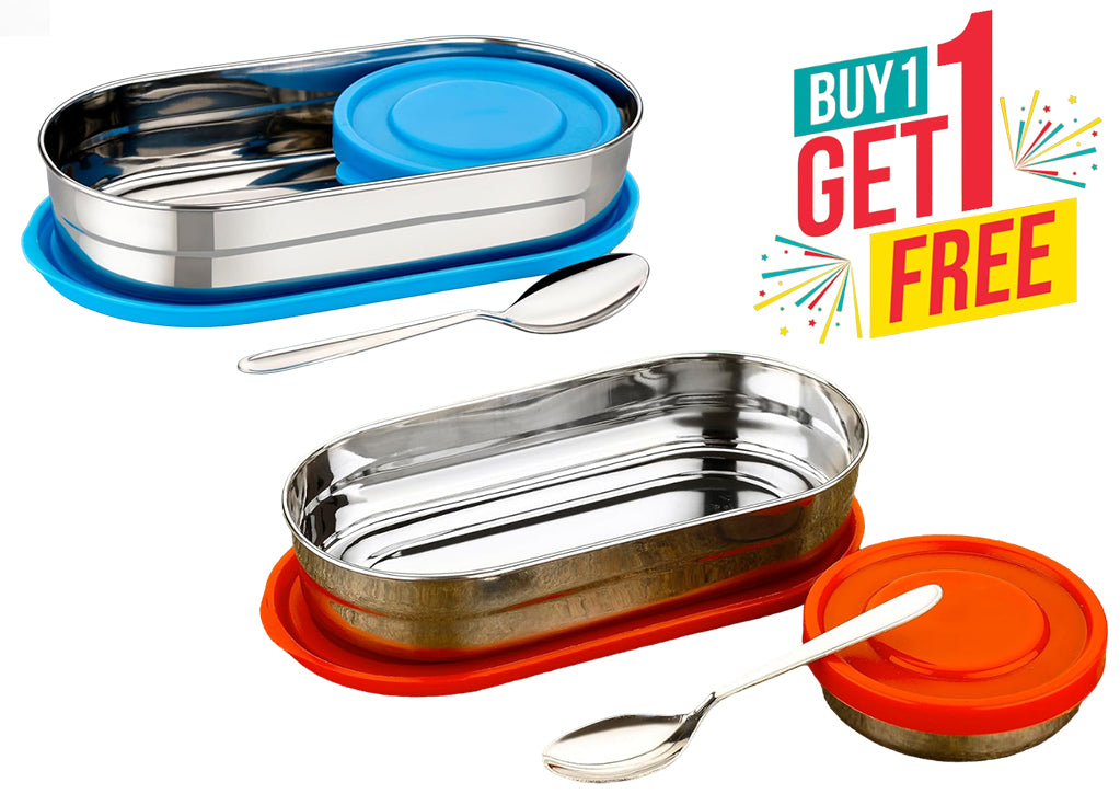 DNkitch 2 Pcs Compact Stainless Steel Tiffin Box for Adults & Kids (Red & Blue)