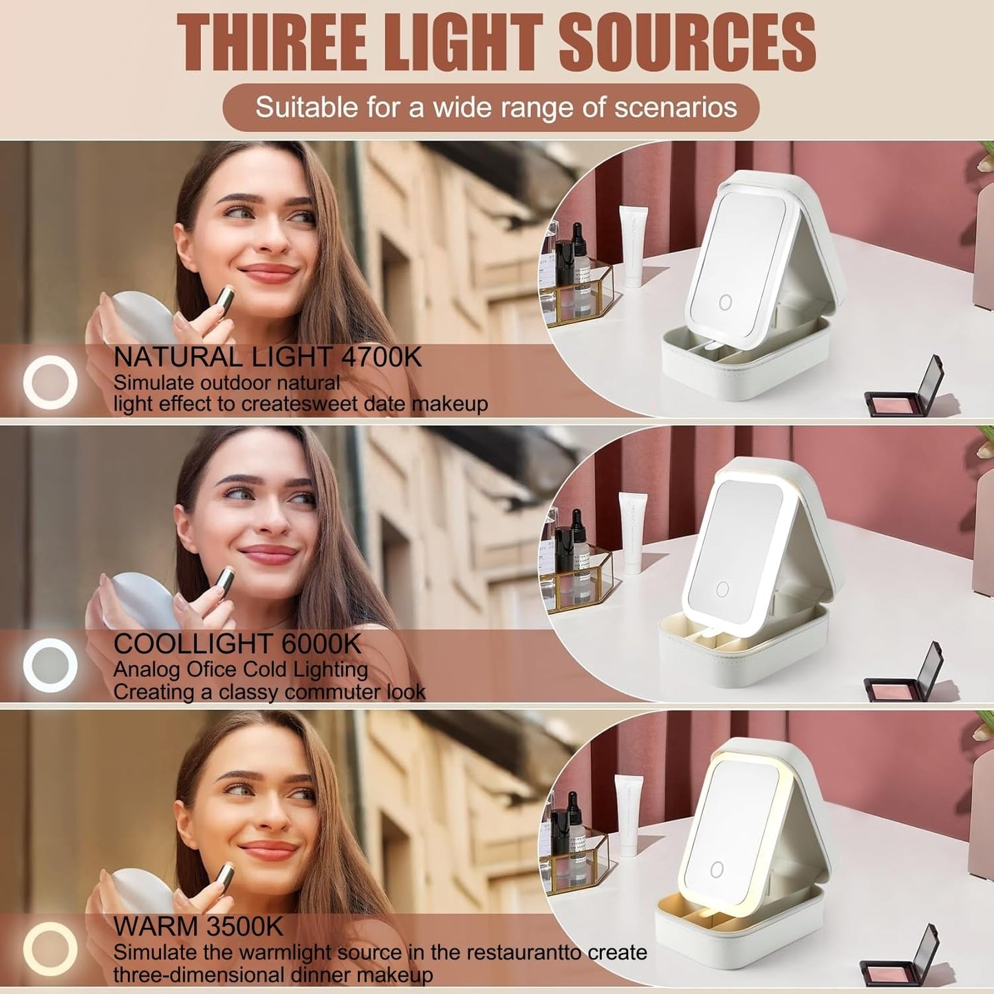 DNkitch LED Travel Makeup Organizer with Lighted Mirror (Pack of 1) – Portable Cosmetic Storage Box with Rechargeable Battery, Touch Dimming & 3 Light Modes – Pink Travel Vanity Case