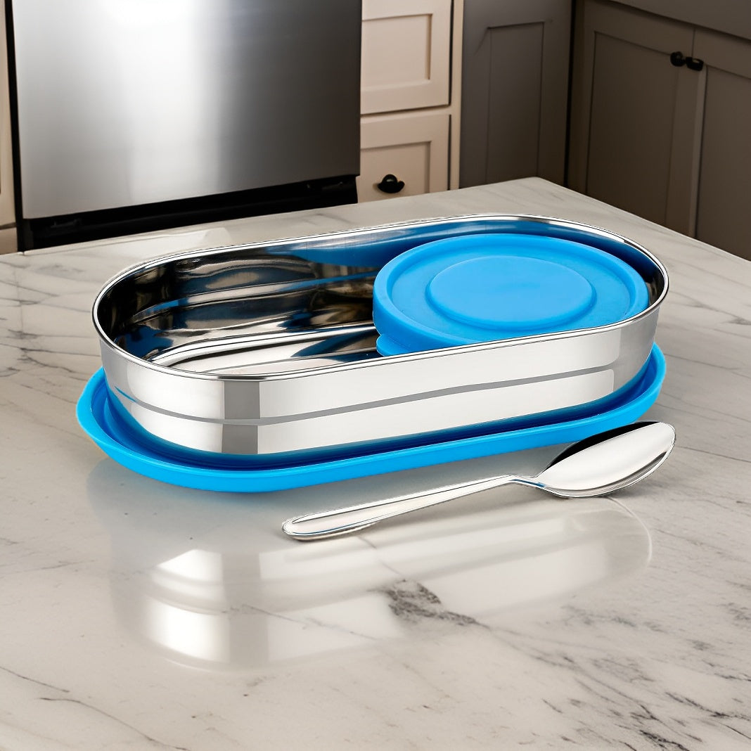 DNkitch 2 Pcs Compact Stainless Steel Tiffin Box for Adults & Kids (Red & Blue)