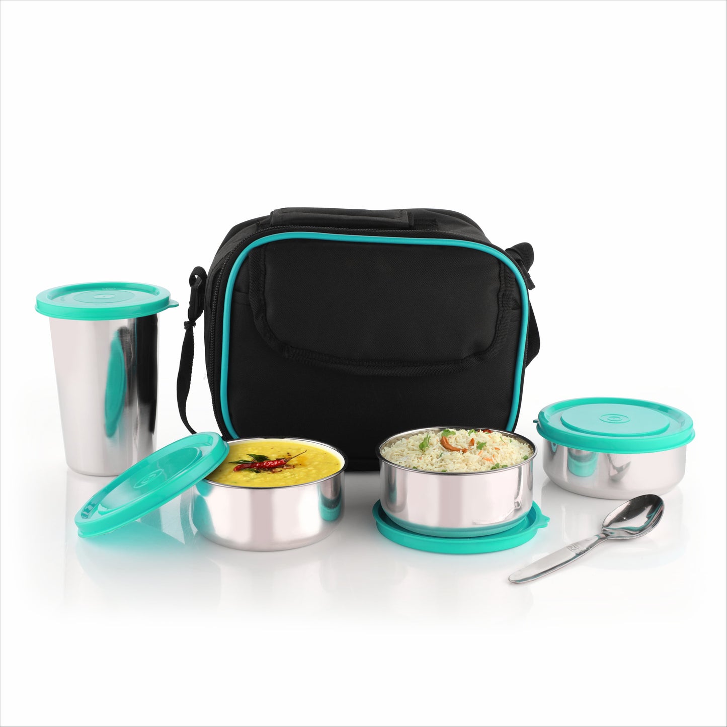 DNkitch Meal Tiffin All-in-One Tiffin Set with Insulated Bag – 3 Round Stainless Steel Containers + 1 Tumbler Leak-Proof, Durable, BPA-Free