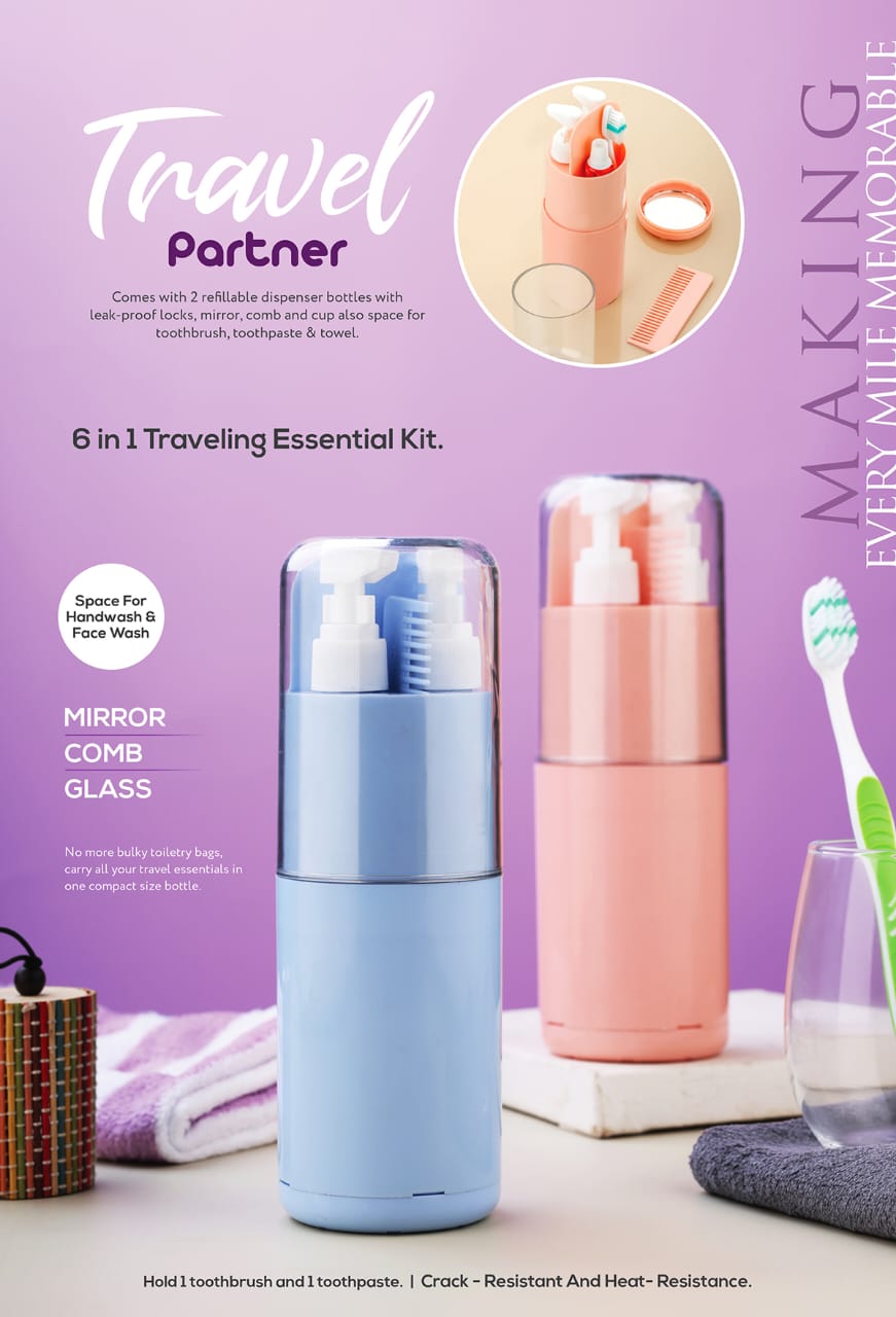 DNkitch Portable Travel 6-in-1 Toiletry Kit with Toothbrush, Toothpaste Space, Mouthwash Cup, Mirror, Comb & Towel Holder