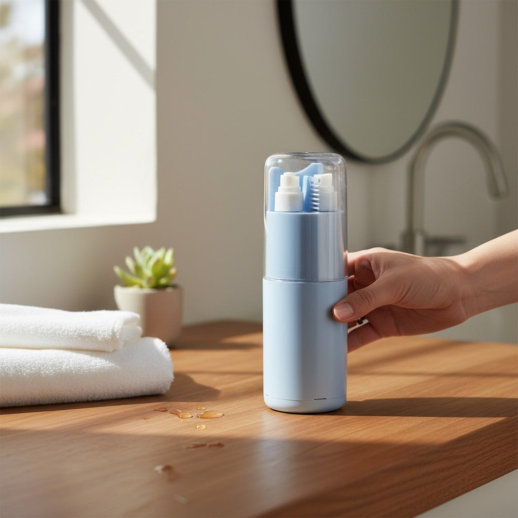 DNkitch Portable Travel 6-in-1 Toiletry Kit with Toothbrush, Toothpaste Space, Mouthwash Cup, Mirror, Comb & Towel Holder