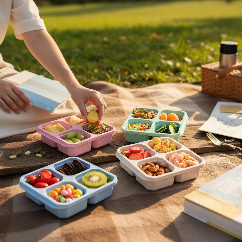 4 Pack Snack Containers, Divided Bento Snack Box,  Kids Adults , 4 Compartments Meal Lunch Containers for School Work Travel