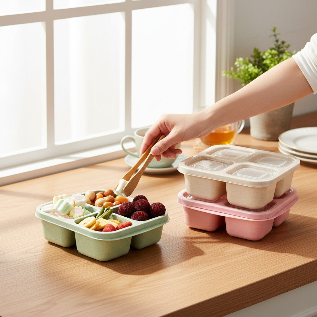 4 Pack Snack Containers, Divided Bento Snack Box,  Kids Adults , 4 Compartments Meal Lunch Containers for School Work Travel